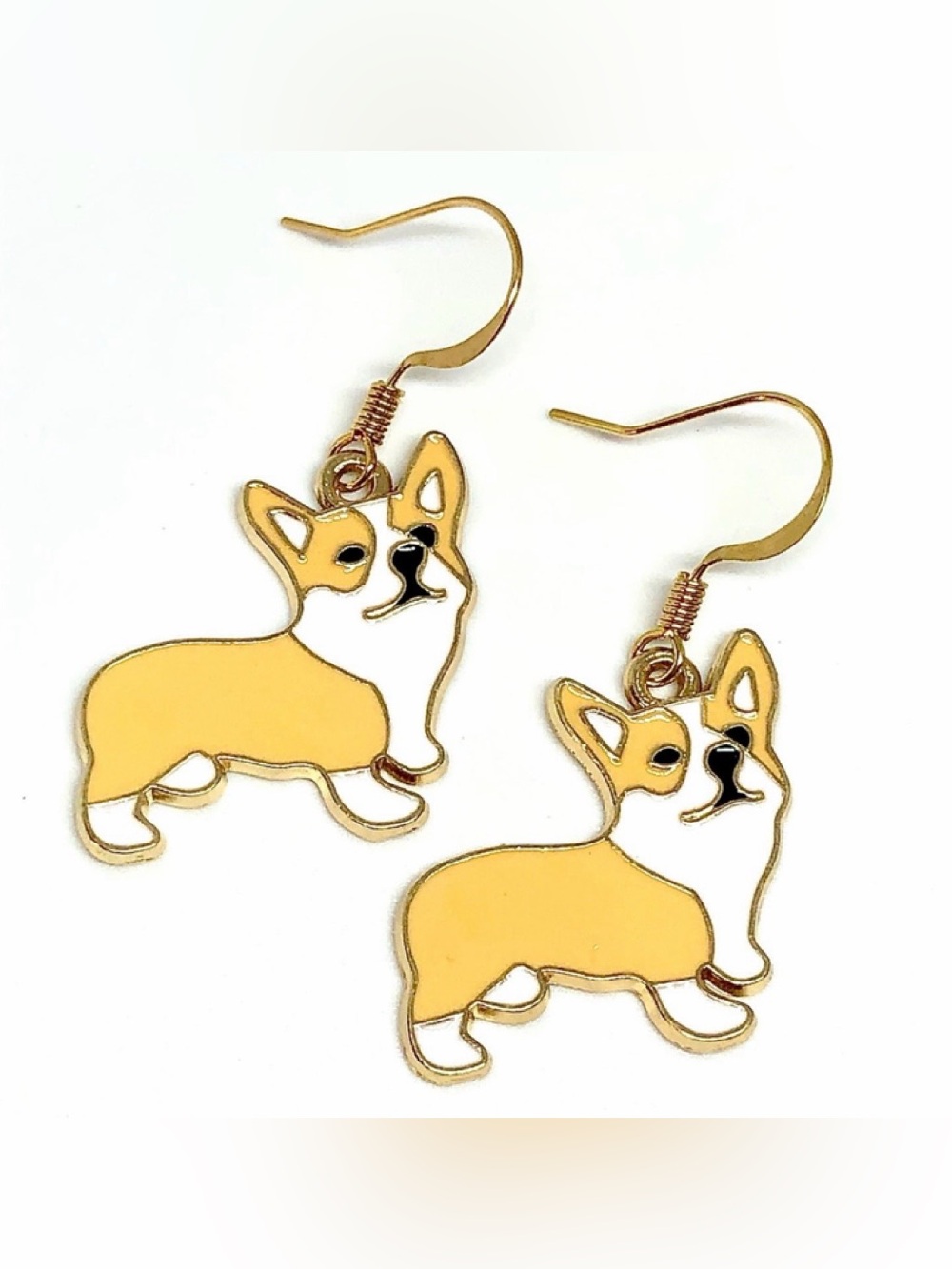 Corgi Dog Puppy Caramel Yellow White Black Enamel Gold Tone Earrings Animal Pet